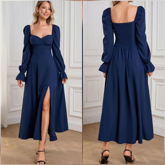 Boutique Dresses & Skirts - ☔️🩵⏭️NWT Blue Sweetheart Neck Long Sleeve Dress Medium